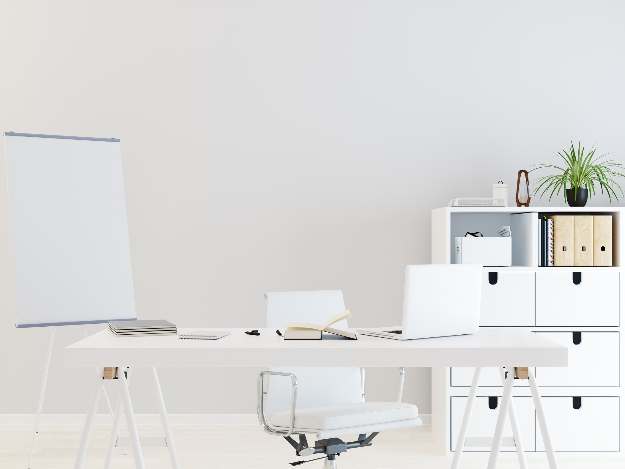 Modern office room with white wall and white furniture